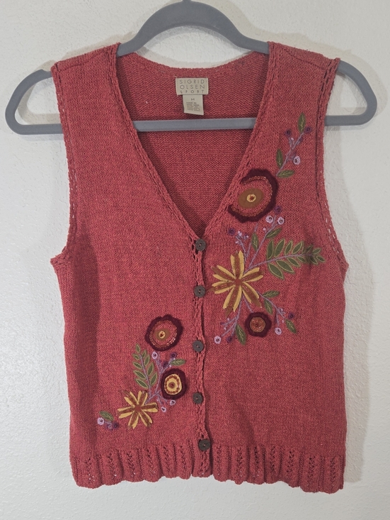 Sigrid Olsen Sweaters - Sigrid Olsen Sport Floral Embroidered V-Neck Vest Salmon Prairie Cabincore, M